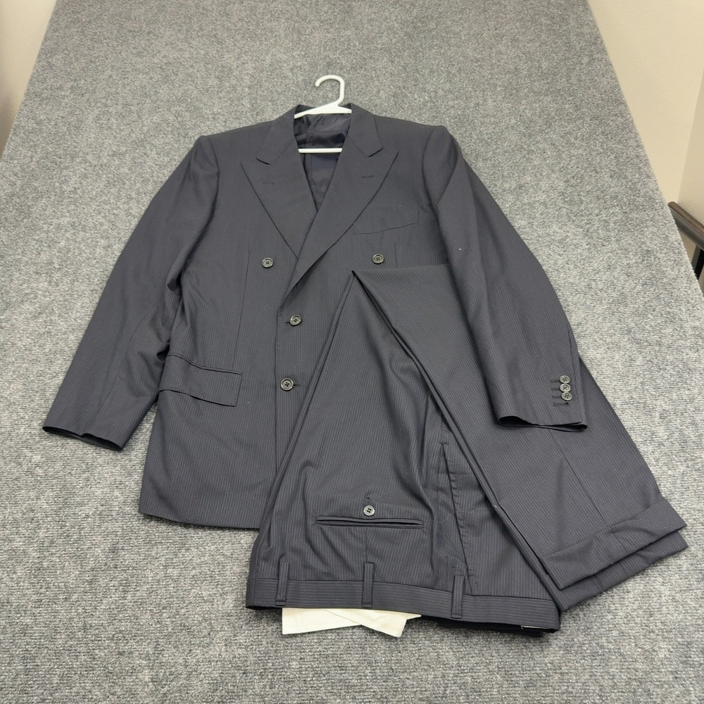 Kiton Suit Mens 53 Navy Wool Pinstripe Double Breasted Super 180s Luxury Classic